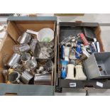 2 boxes containing loose cutlery, souvenir spoons and stainless steel jugs