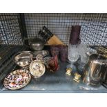 Cage containing crown Derby style plates, silver plated sugar bowl, teapot, knife set and wine