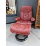 Maroon leather effect stress less style armchair with footstool