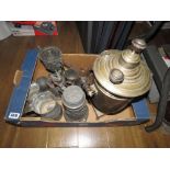 Box containing brass samovar and a quantity of putar mugs