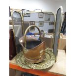 Mesh spark guard, helmet coal scuttle plus a pair of brass trays