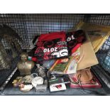 Cage containing a brass figure of Mao Tse-tung, bags, export china, ornamental ducks and trinkets
