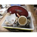 Box containing Oriental tray, pot with cherubs, musical jug, ornaments and Beatrix Potter crockery