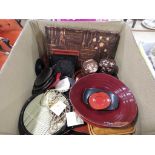 Box containing red and orange lacquered dishes plus storage pots and trays