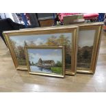 Three oils on board of Autumn woodland and farm buildings