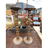 (18) Pair of carved wooden candlesticks
