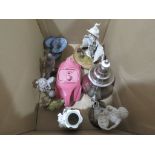 Box containing a Sadler style teapot, ornamental bird and mushroom figures, figures of wizard and