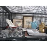 Cage containing decanter stoppers, engravings, antique catalogues and china