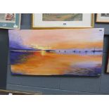 Contemporary oil on canvas of a sunset seascape