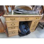 Stripped pine and tort leather twin pedestal desk