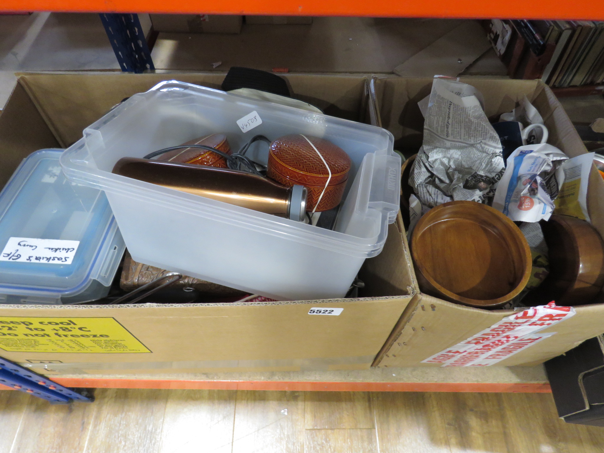 3 boxes containing a carved wooden box, silver plated teapot, kitchenware and treen