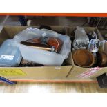 3 boxes containing a carved wooden box, silver plated teapot, kitchenware and treen