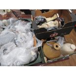 3 boxes containing footwarmers and flagons, resin figurs, decanters, carved African figures and