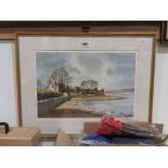 Framed and glazed watercolour of an estuary