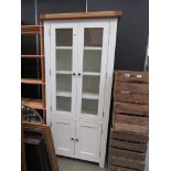 White painted bookcase with glazed doors and cupboard under