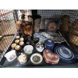 Cage containing jasperware, miniature mask, crockery and china