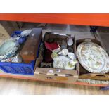 2 boxes containing an egg basket, letter rack, various crockery, china, trays and a meat platter