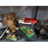 Cage containing 2 teddy bears, tin plate toys and a Triang truck