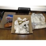 4 boxes containing a brass bell, large quantity of wine glasses and wooden salad bowl