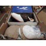Box containing a quantity of Wedgwood crockery plus golf shoes and boots