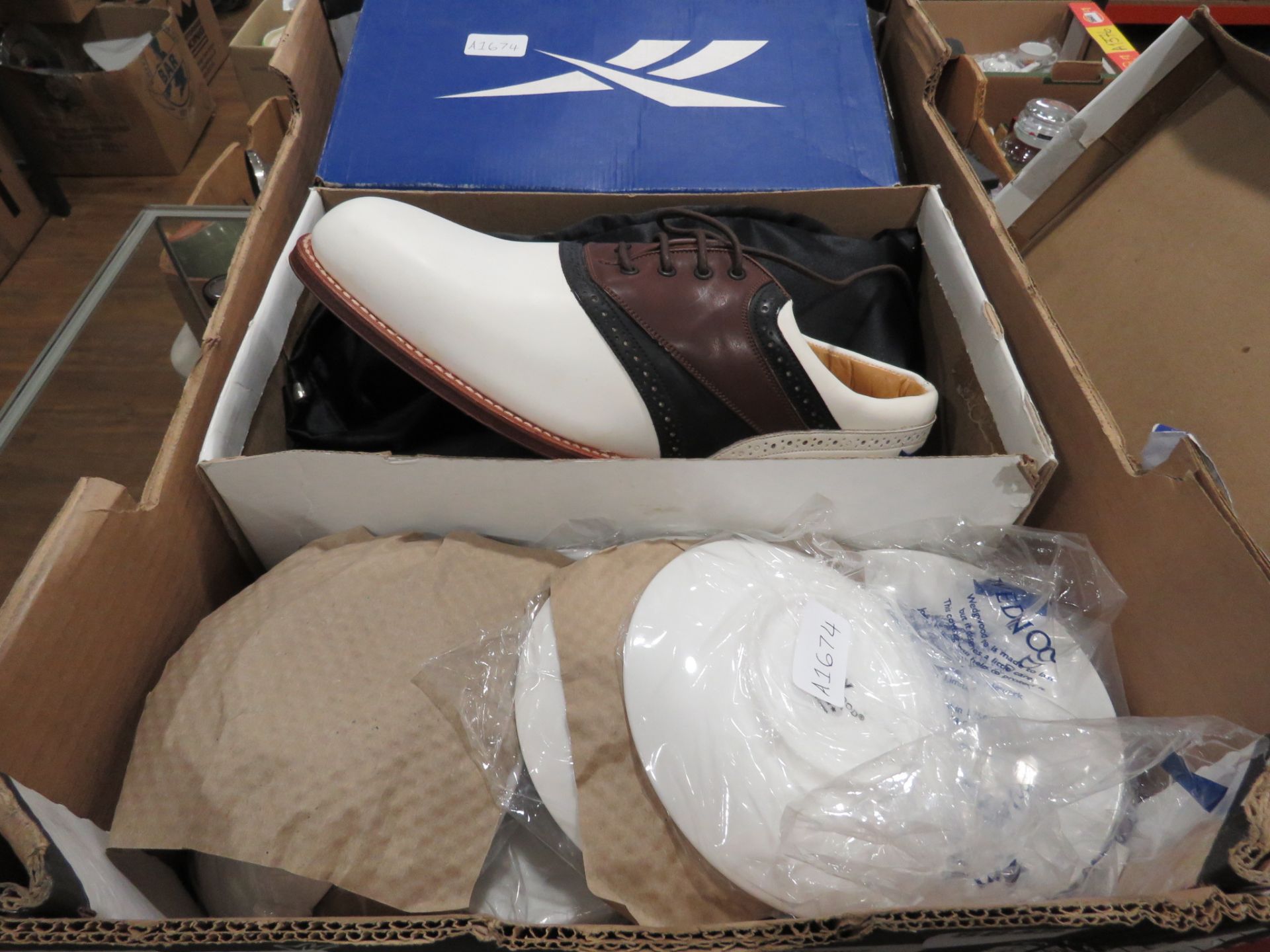 Box containing a quantity of Wedgwood crockery plus golf shoes and boots