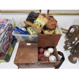 Pigeon box plus a quantity of cricket and baseballs, plus baseball mitts, cribbage boards and bats