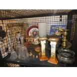 Cage containing glass bells, Churchill commemorative plate, candlesticks, pewter teapot and a