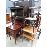 Single drawer lamp table, dropside table with bookrack under, 2 drawer desk, Victorian chair and a