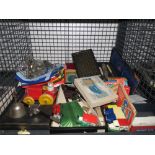 Cage containing pipes, carving set, die cast cars, loose cutlery, part dressing table set and