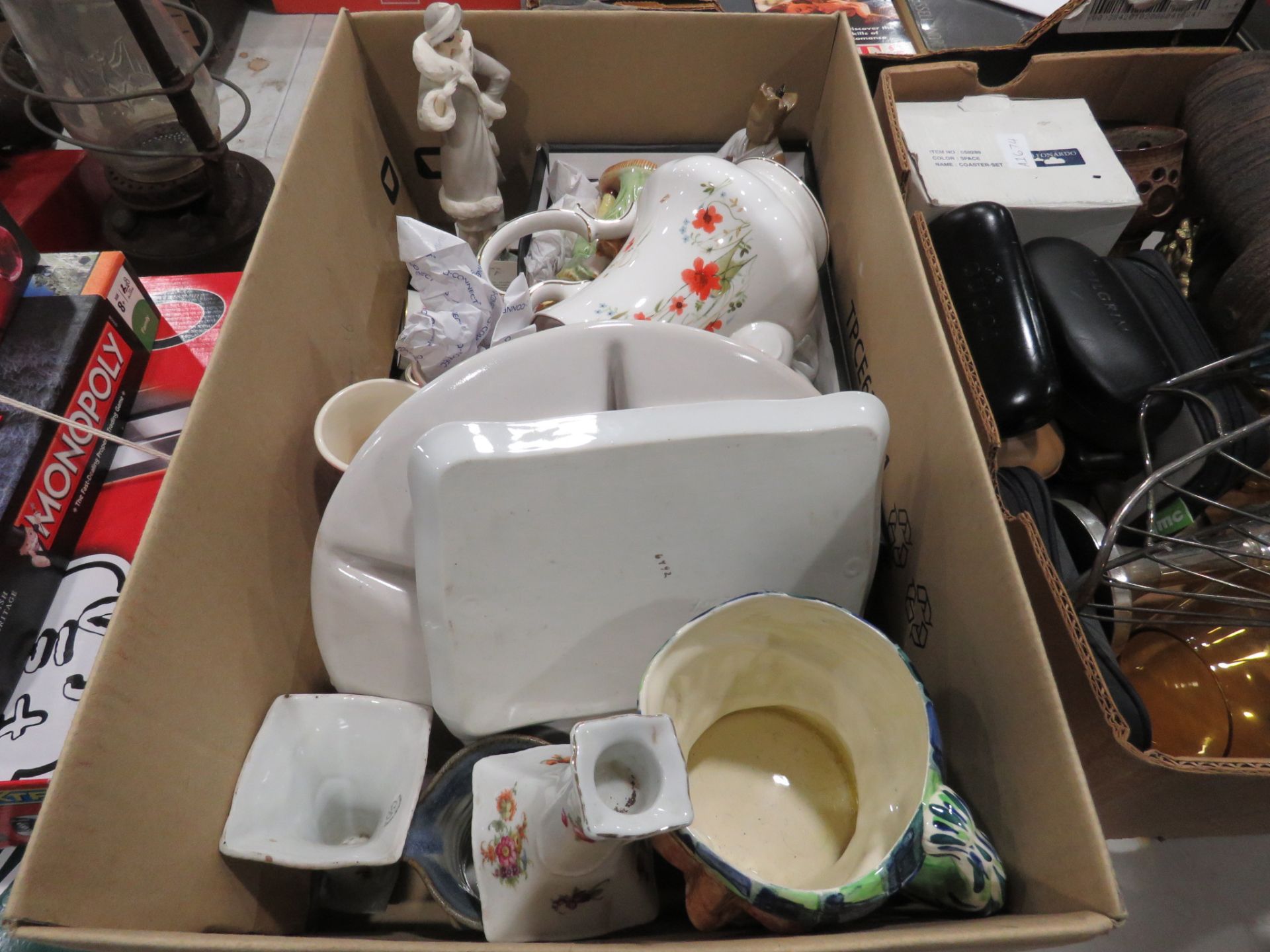 Box containing general crockery and china plus ornamental figures