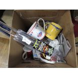 Box containing coffee mugs and glassware
