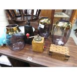 Coffee grinder, wooden trinket box, 3 coloured glass vases, 4 Eternal Beau style dinner plates