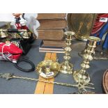 Brass toasting fork and 3 candlesticks