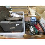 2 boxes containing copper trays, vintage tins, crockery and household goods