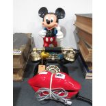 3 novelty telephones in the form of red lips plus Mickey Mouse and a GPO reproduction phone