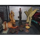 (3) Cage containing carved wooden figures