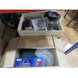3 boxes containing glassware, tins, kitchen appliances and crockery