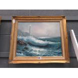 Modern oil on canvas of an angry sea with lighthouse