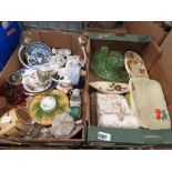 2 boxes containing Beswick and other china, cheese dish, green glass dressing table tidy, ornamental