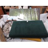 Box containing furniture parts, cream rug, shell and feather wall hanging, quantity of modern prints