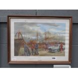 Print of sailors in port entitled 'First Trip'
