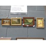 4 small oils of country scene, marketplace, boats in cove and Arabian figures