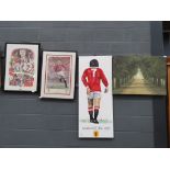 2 framed football pictures, a George Best canvas and a print of an avenue of trees