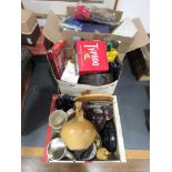 3 boxes containing household goods to include coffee pot, jug, tins, silver plated vase, incense