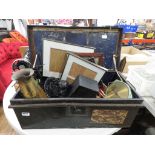 Tin trunk with picture frame, scales, brass jug, treen, loose cutlery and household goods