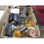 Box containing studio pottery, candlesticks and sunglasses
