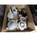 Box containing ironstone crockery, floral patterned mantle clock, pair of modern Chinese vases