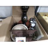 Box containing a microscope, black glazed plant stand, wooden fruit bowl, baking dish, telescope and