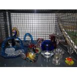 Cage containing carnival glass, paperweights, vases and dishes