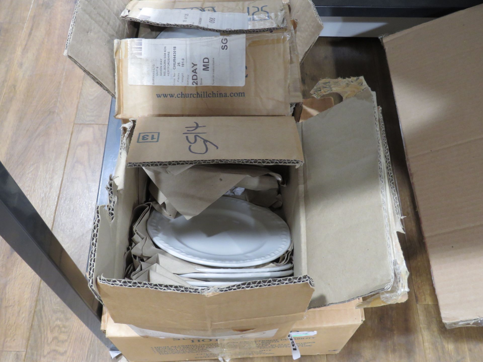 5709 - 4 boxes containing white glazed Churchill catering crockery